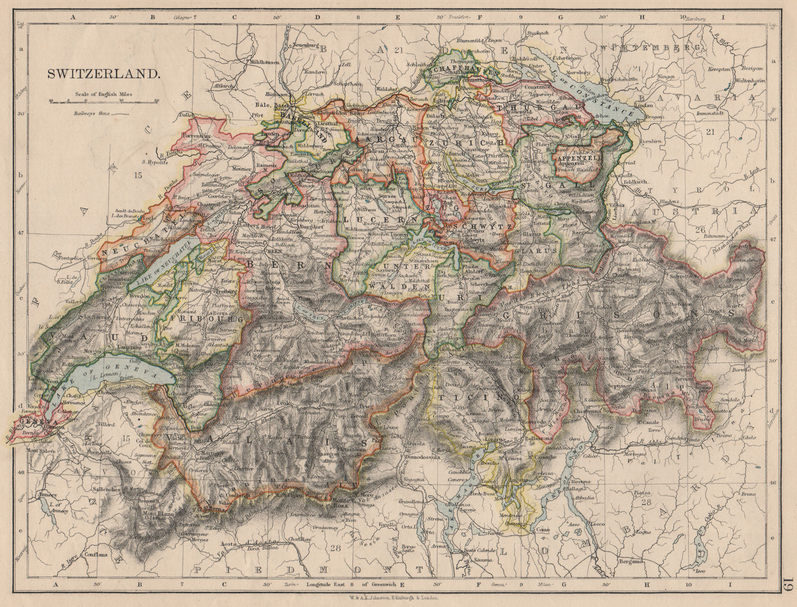 SWITZERLAND. Shows cantons & railways. Alps. Italian lakes. JOHNSTON 1895 map